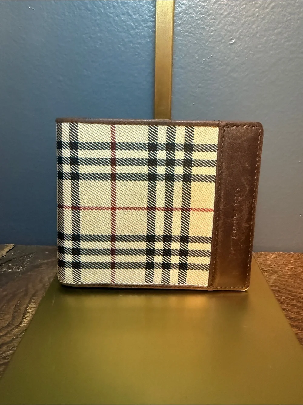 Burberry Men's Beige Check Bifold Wallet with Brown Leather Trim